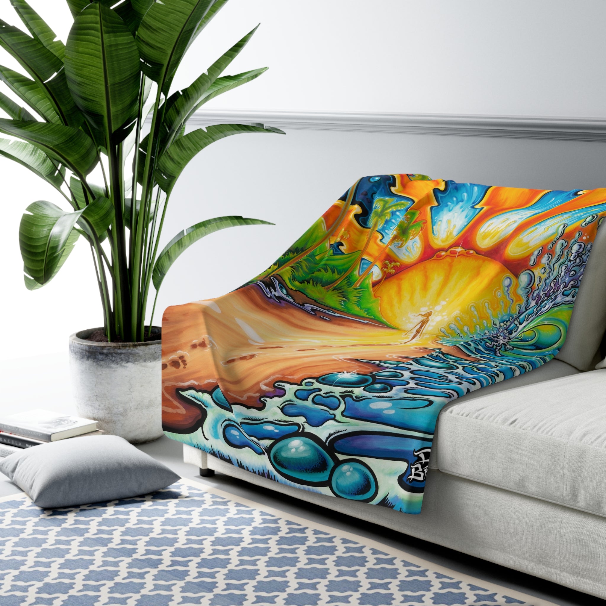Step into the sun, Drew Brophy Art, Vibrant Beach Scene Sherpa Fleece Blanket, Cozy Throw, Boho Home Decor, Beach Vibes, Gift for Nature Lovers