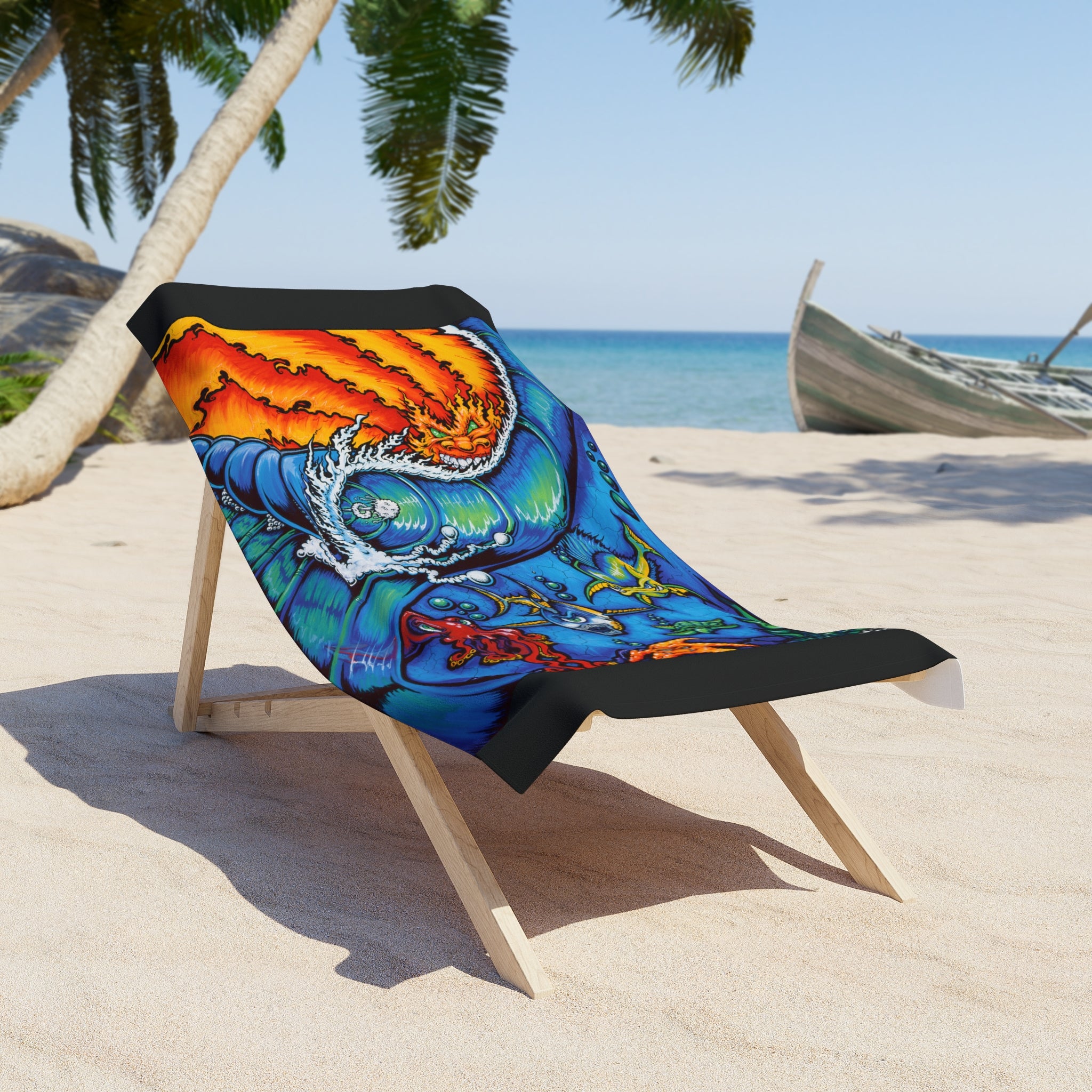 "WaterWorld" Another Classic Drew Brophy Ocean Wave & Sea Creatures Beach Towel — Colorful Surfer Art Beach Towel