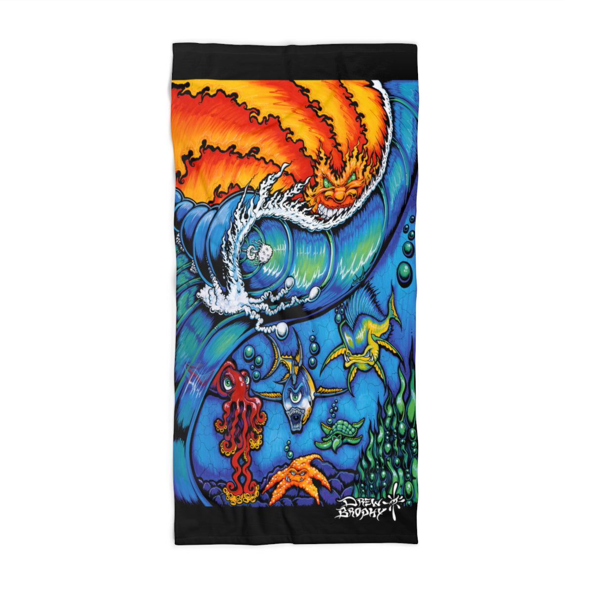 "WaterWorld" Another Classic Drew Brophy Ocean Wave & Sea Creatures Beach Towel — Colorful Surfer Art Beach Towel