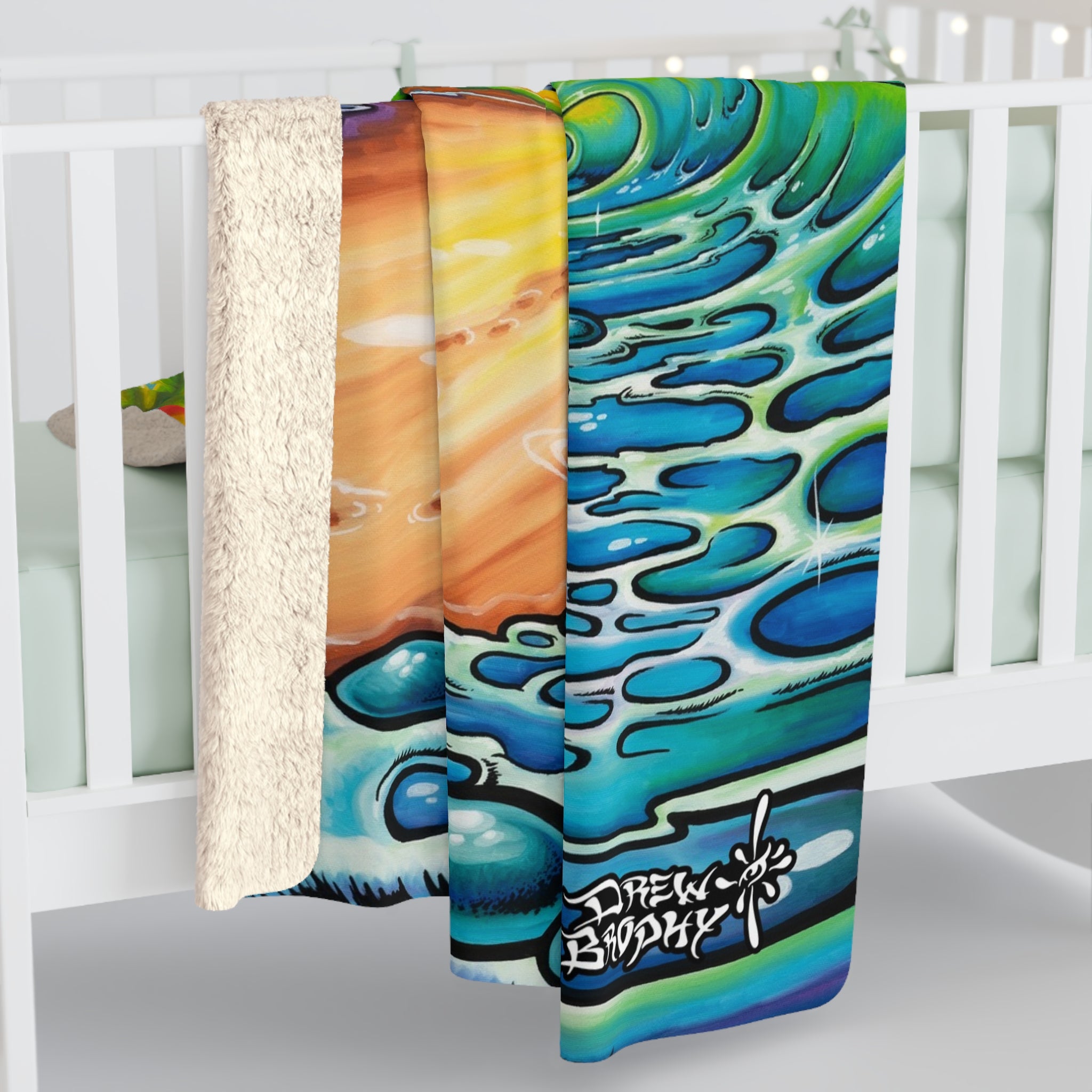 Step into the sun, Drew Brophy Art, Vibrant Beach Scene Sherpa Fleece Blanket, Cozy Throw, Boho Home Decor, Beach Vibes, Gift for Nature Lovers