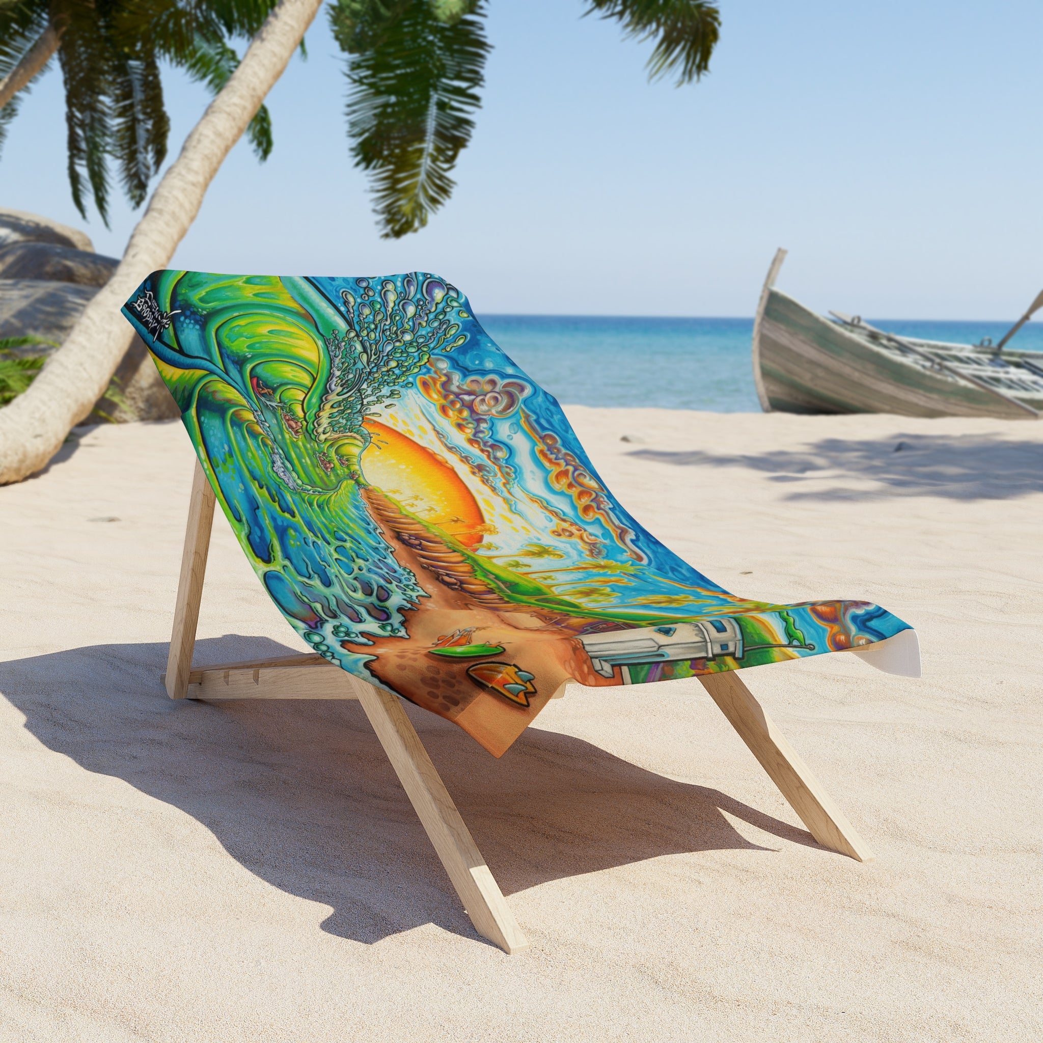 Laguna Beach towel by Drew Brophy featuring a vibrant ocean wave, palm trees, surfers, and a colorful California sunset coastline.