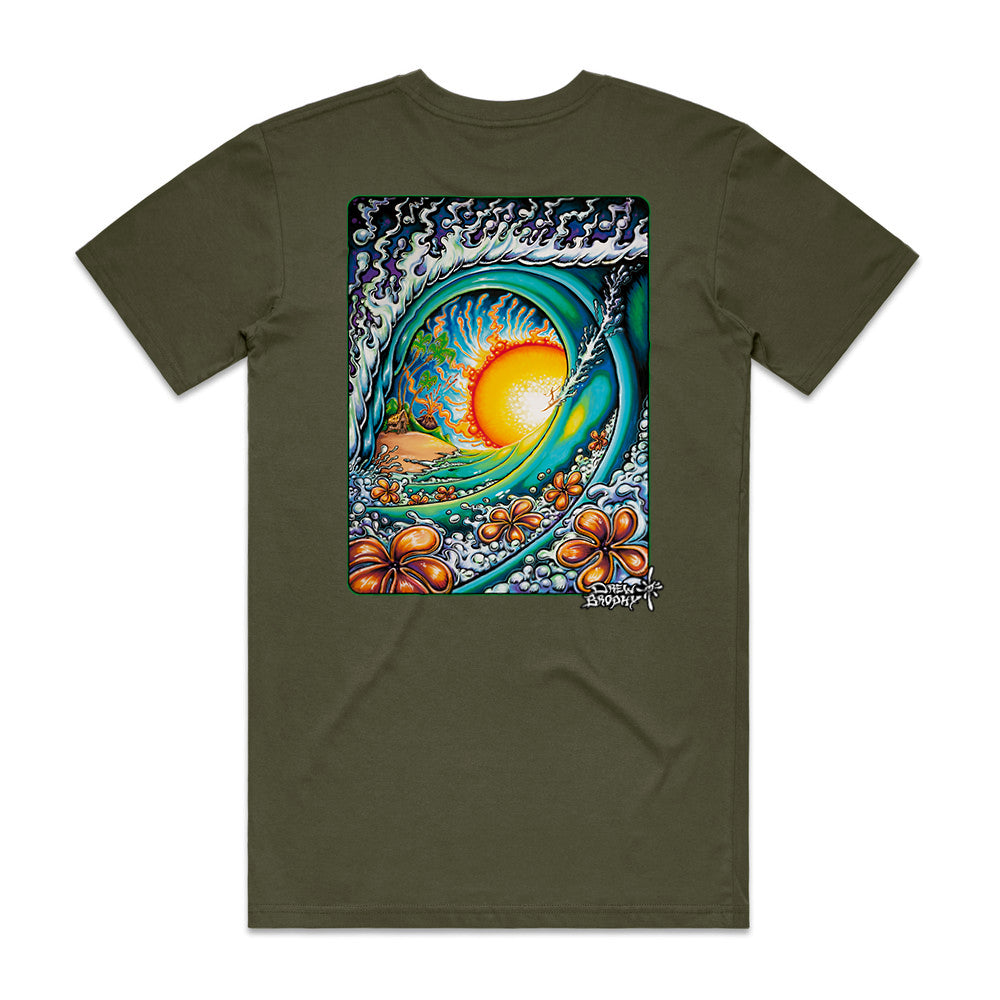 Green t-shirt with a colorful graphic design featuring a sun and flowers on a white background