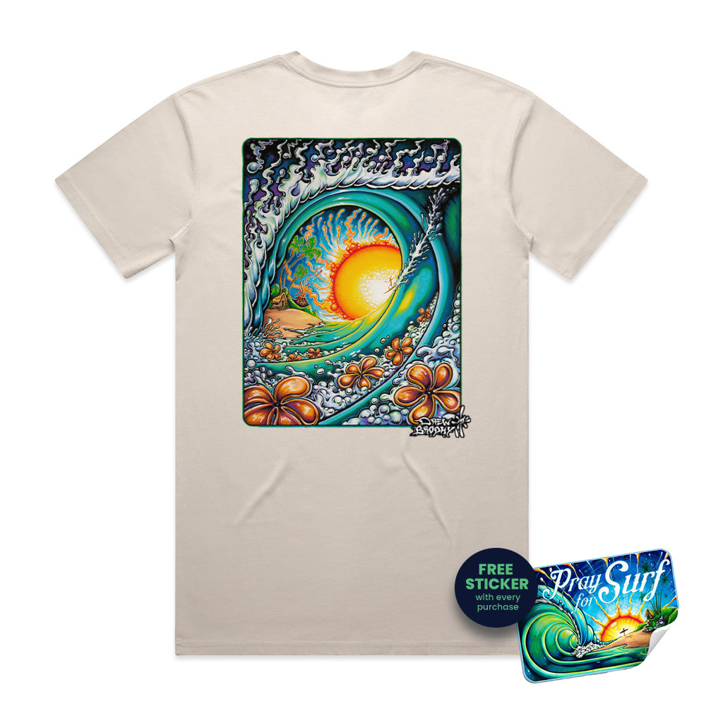 Beige t-shirt with a colorful graphic design on the back featuring a sun, flowers, and ocean waves.