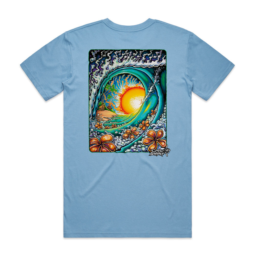 Light blue t-shirt with a colorful graphic of a sun and flowers on the back, against a white background.