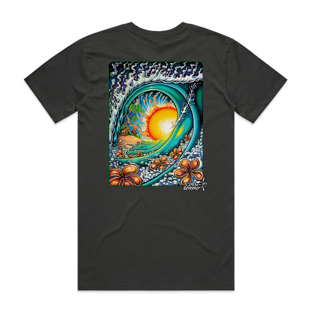 Black t-shirt with a colorful graphic design featuring a sun, flowers, and ocean waves on a white background.