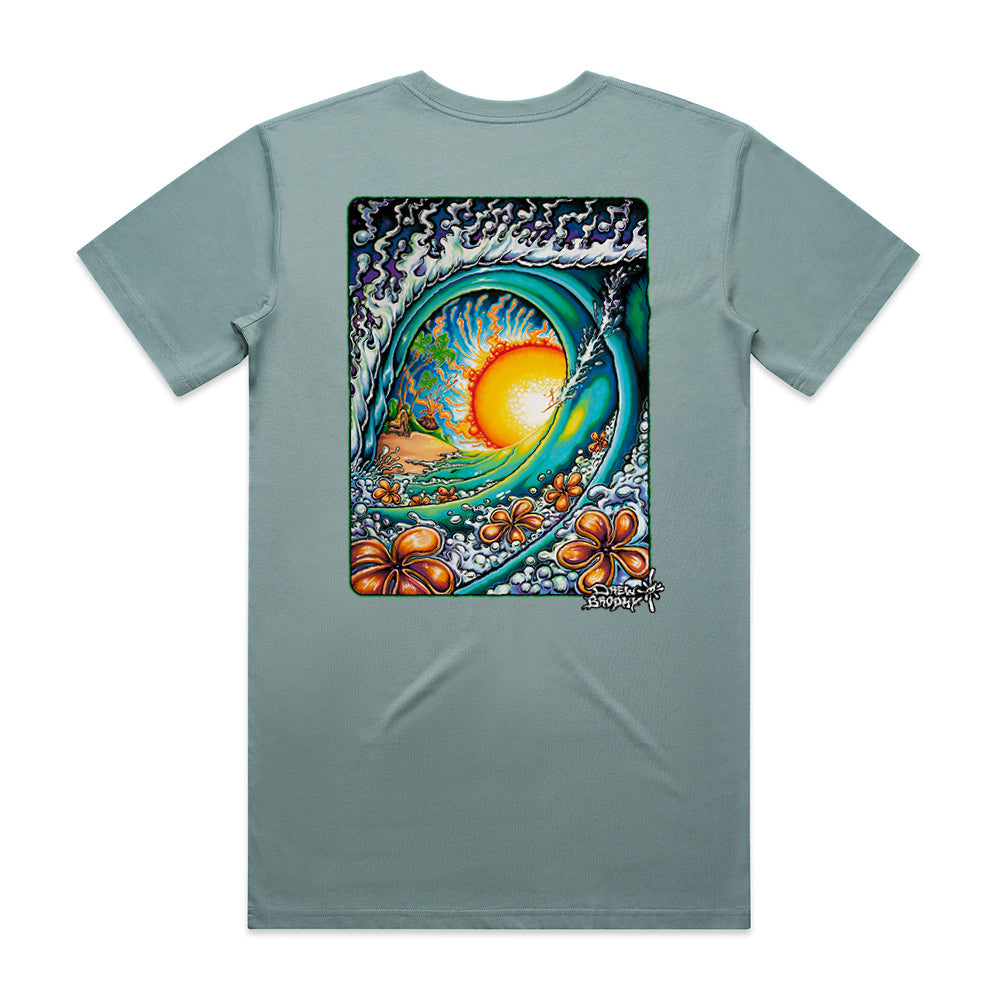 Gray t-shirt with a colorful graphic design on the back featuring a sun, flowers, and abstract elements.