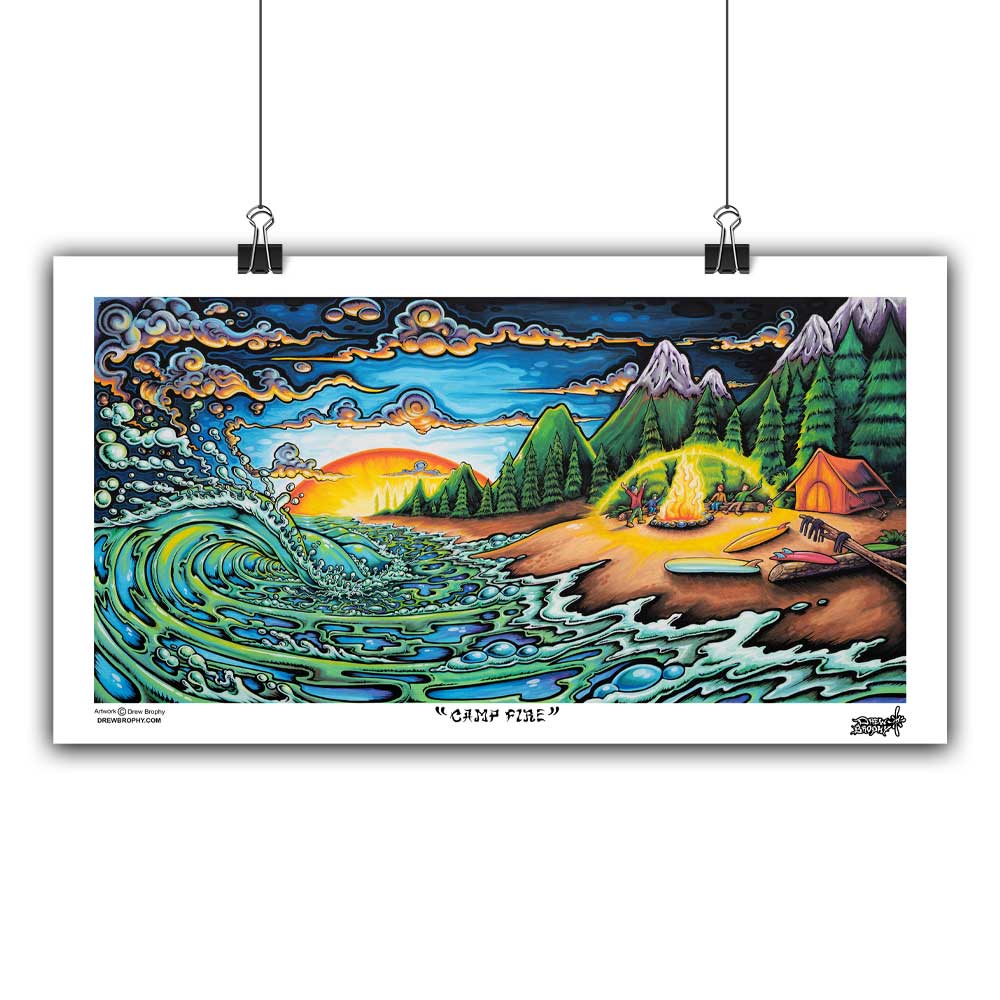 Fine art paper print of Camp Fire by Drew Brophy. This fine art print shows the joy of camping on the beach with friends making memories next to a camp fire.