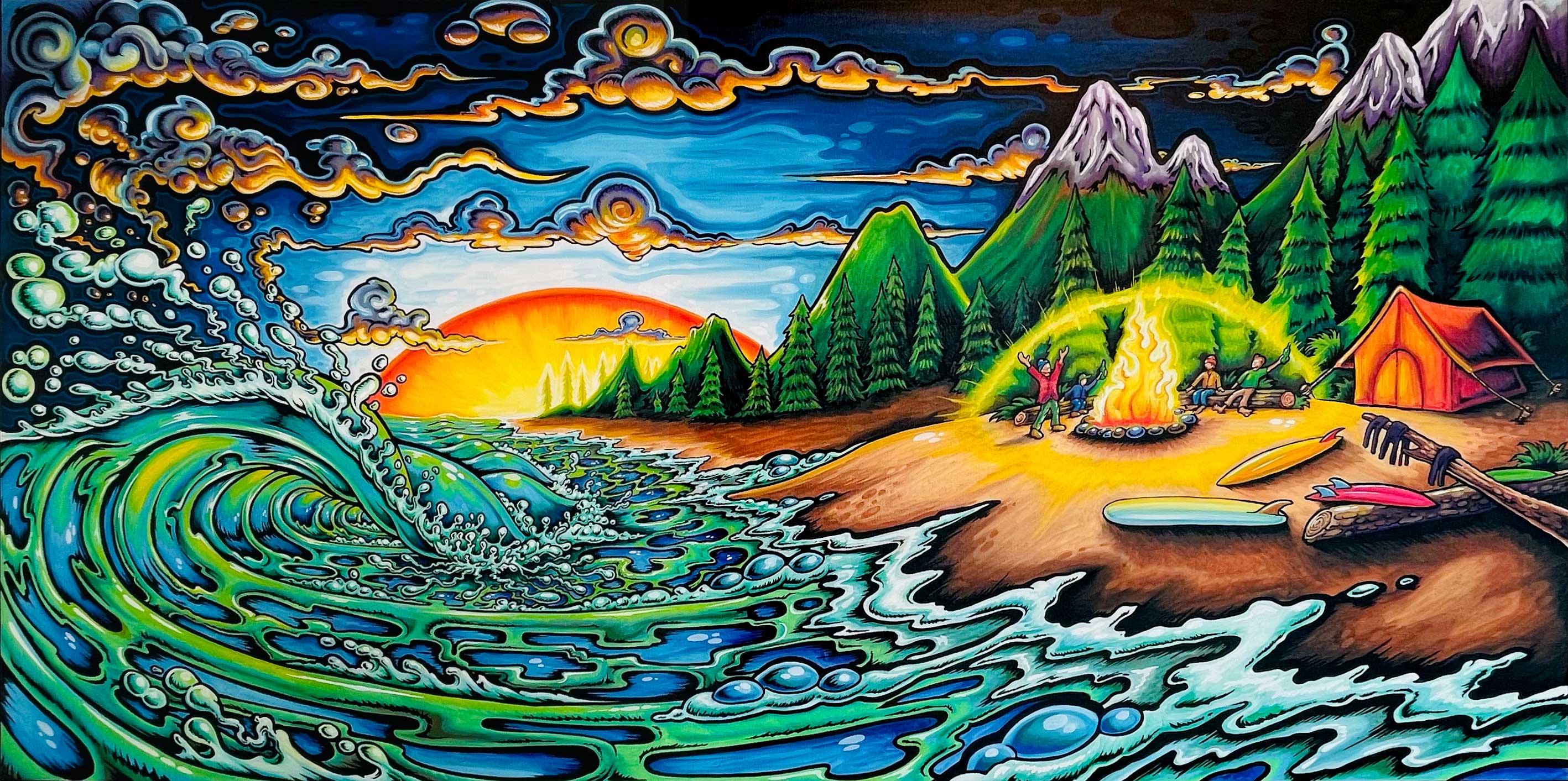 Surf art by Drew Brophy. Enjoying time with friends around a camp fire where the mountains meet the ocean 