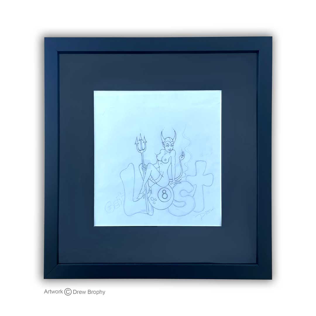 Lost Devil graphite sketch on Paper Framed in black frame and plexiglass
