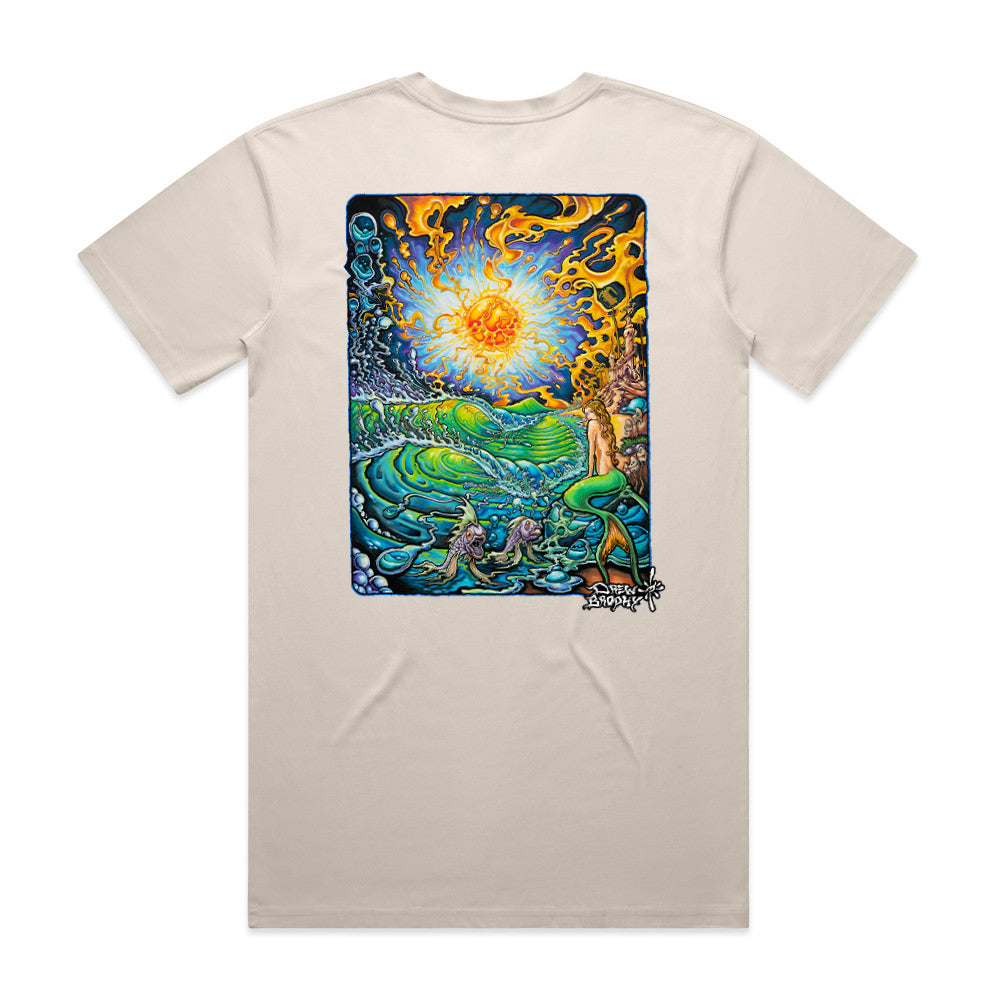 Beige t-shirt with a colorful graphic design on the back featuring a mermaid and a sun.