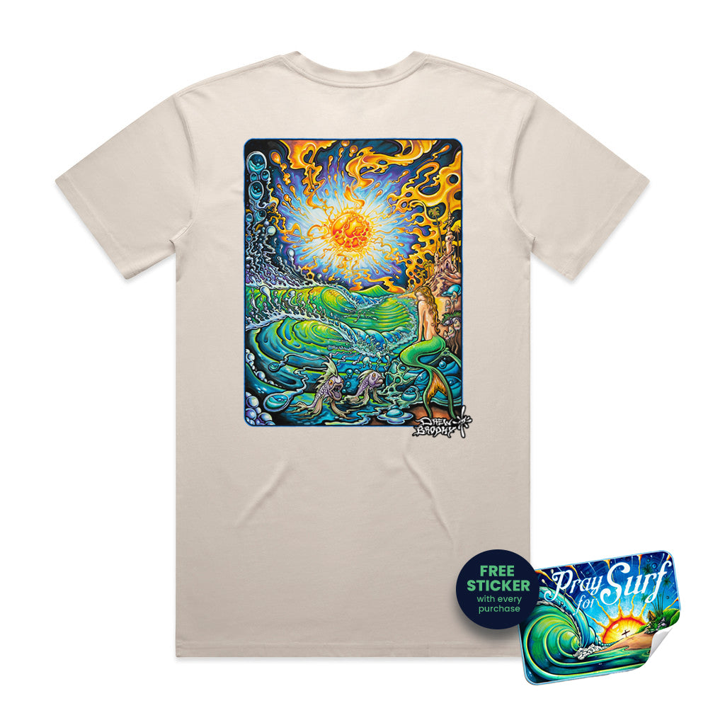 Beige t-shirt with a colorful graphic design on the back featuring a mermaid and a sun.