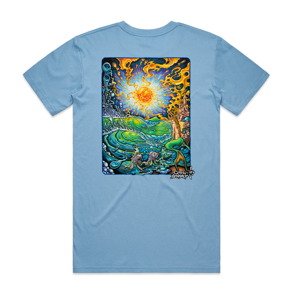 Light blue t-shirt with a colorful nature-themed graphic on the back