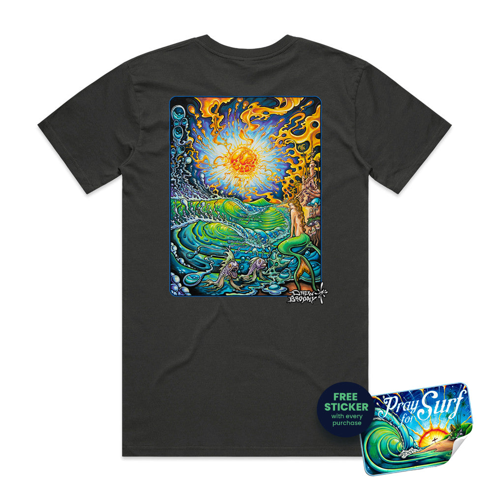 Black t-shirt with a colorful graphic design featuring a sun, trees, and animals on a white background.