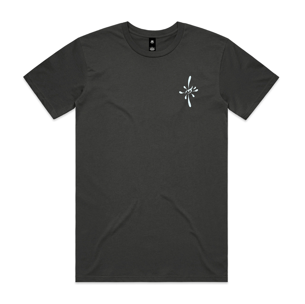 Black t-shirt with a white logo on a white background