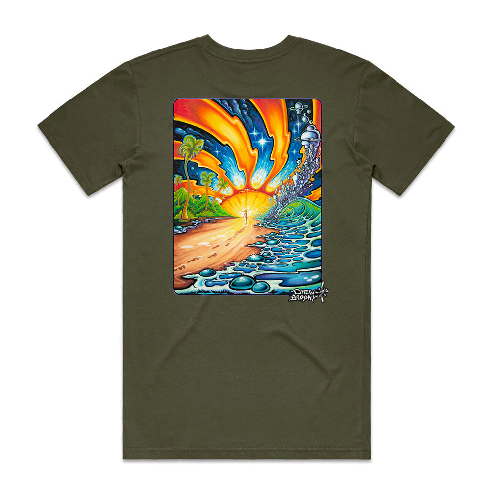 Green t-shirt with a colorful graphic design of a sunset over water and palm trees.