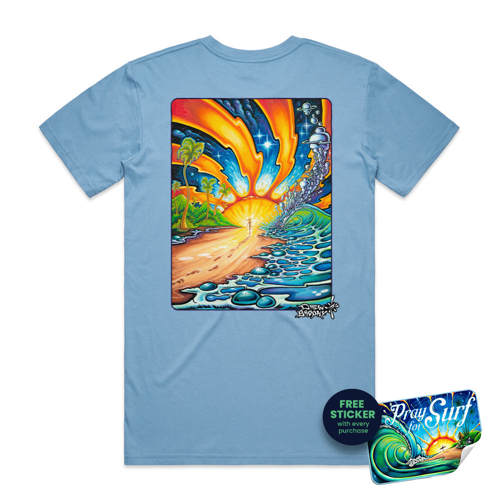 Light blue t-shirt with a colorful graphic on the back featuring a sunset over water and palm trees.