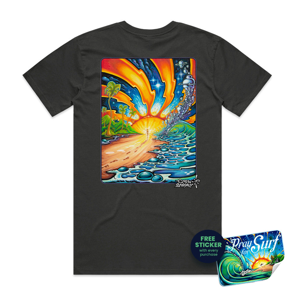Black t-shirt with a colorful graphic design on a white background