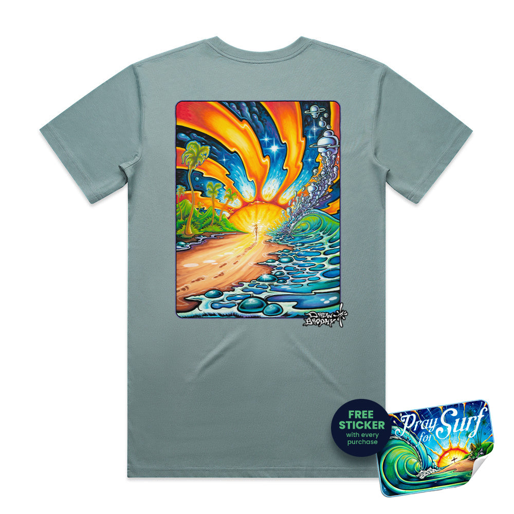 Gray t-shirt with a colorful graphic design on the back featuring a sunset over water and trees.