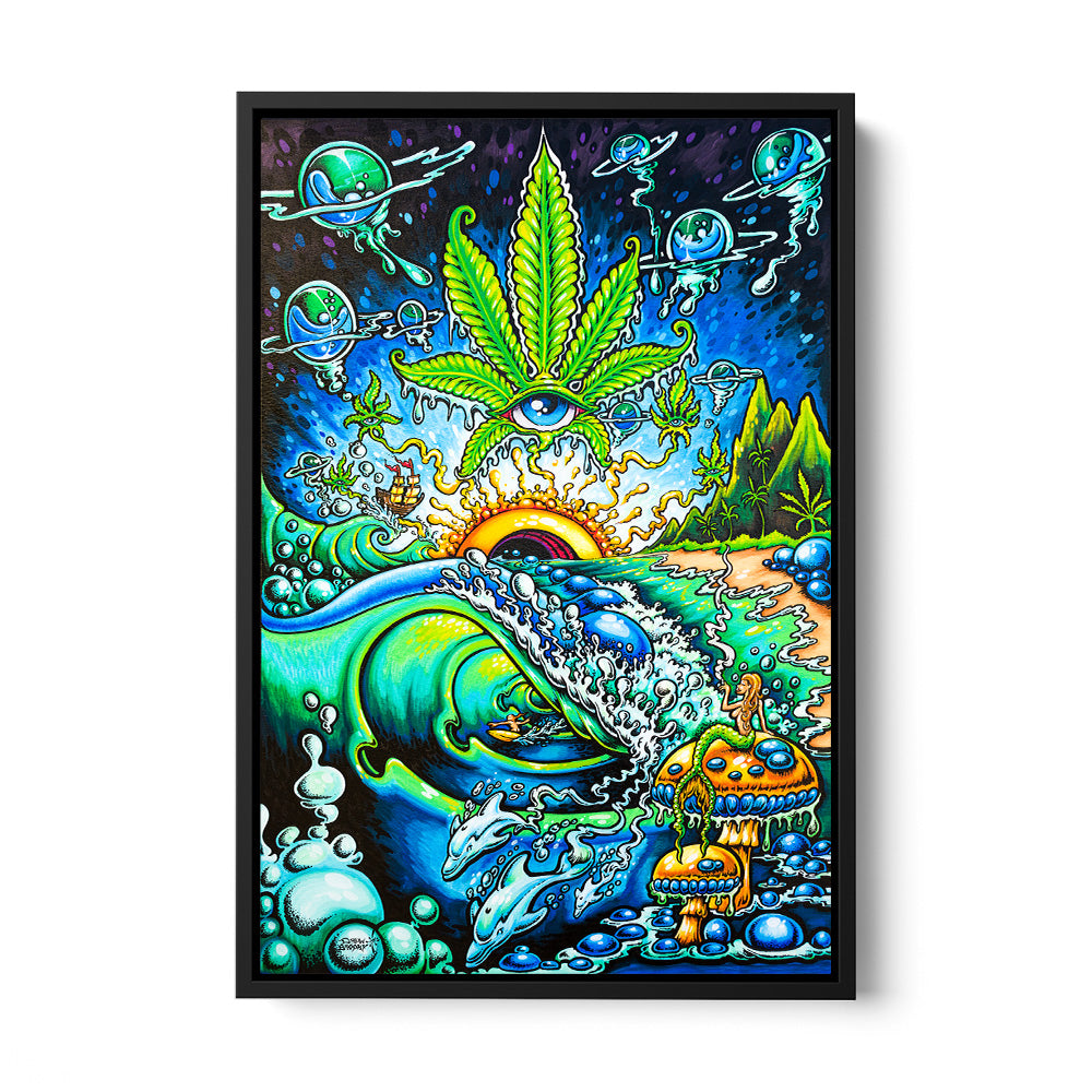 Black framed canvas of summer dreams weed art by Drew Brophy.