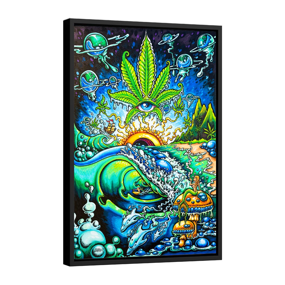 Black framed canvas of summer dreams weed art by Drew Brophy.