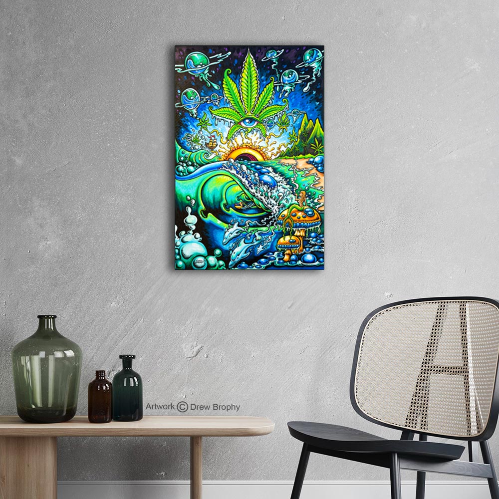 Stretched canvas weed art by Drew Brophy