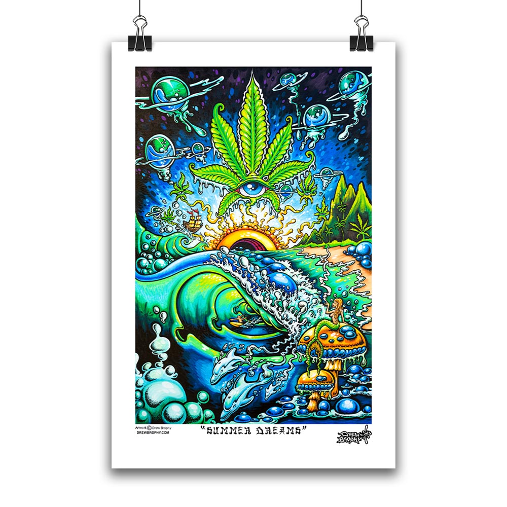 Fine art paper print of summer dreams by Drew Brophy. Mermaid smoking a join on top of mushrooms over looking the sea.