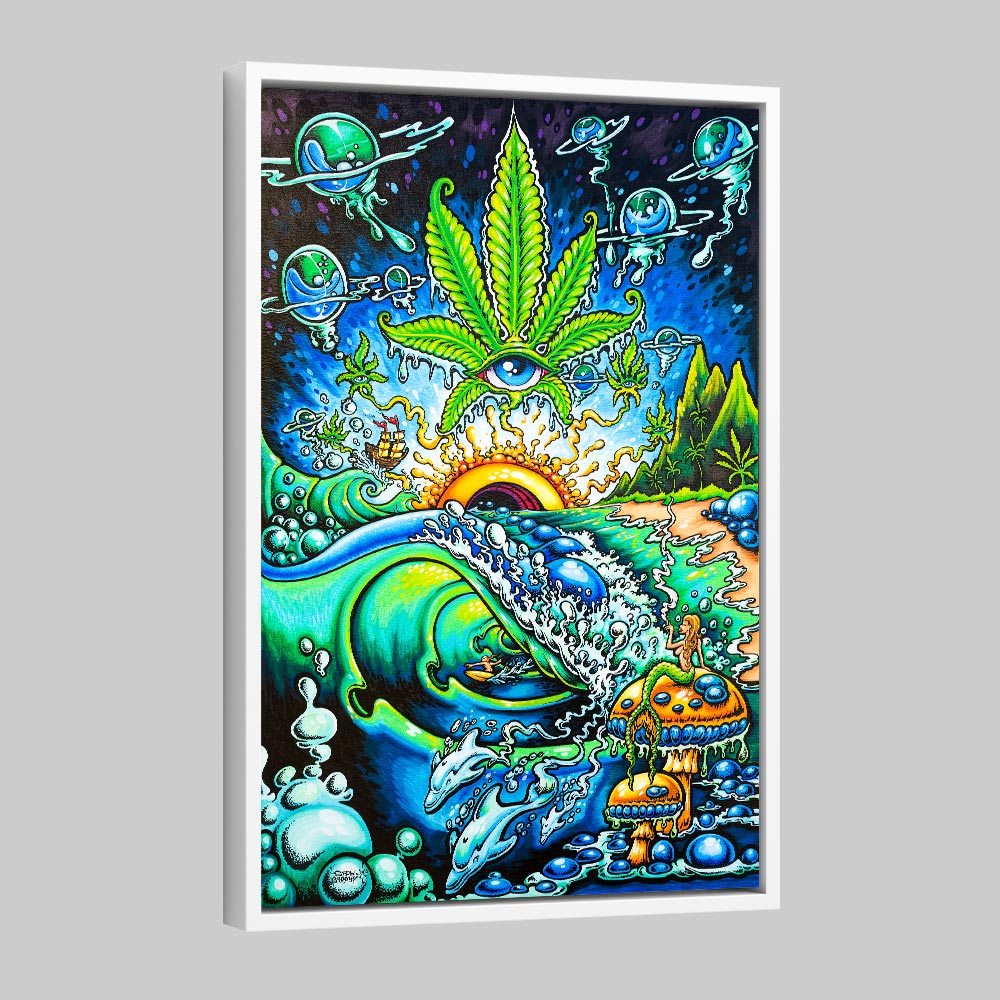 White framed canvas of summer dreams weed art by Drew Brophy.