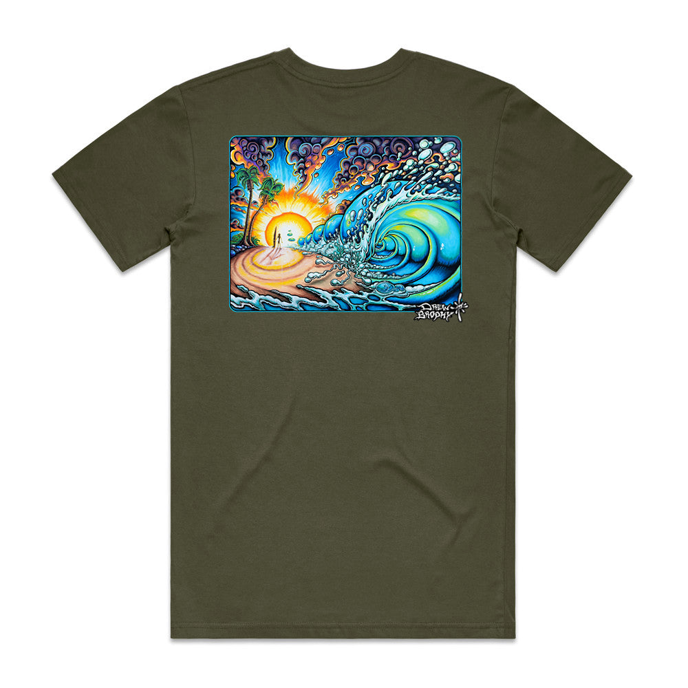 Green t-shirt with a colorful graphic of a wave and sunset on a white background
