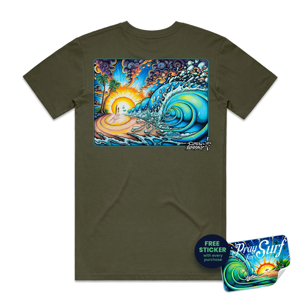 Green t-shirt with a colorful graphic of a wave and sunset on a white background