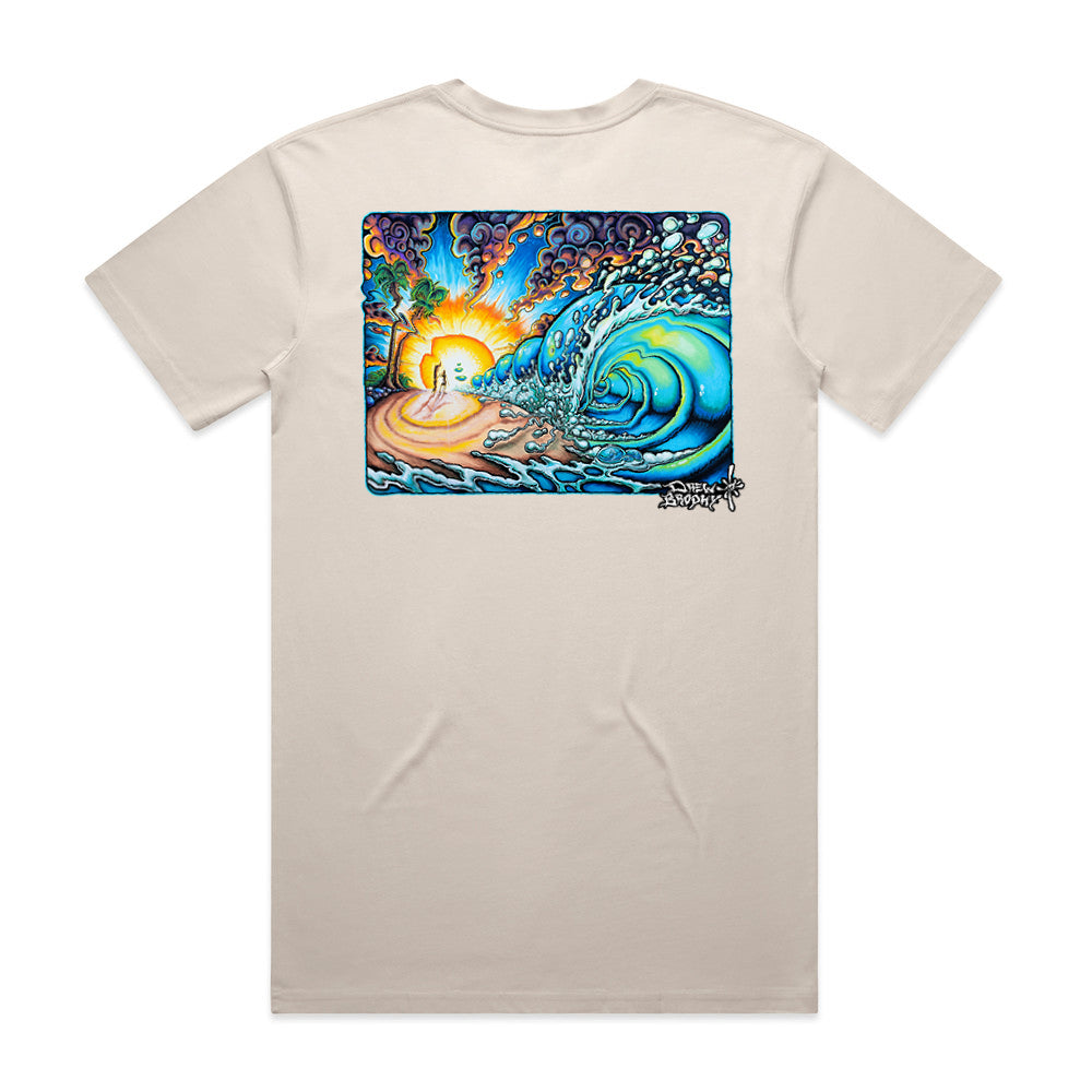 Beige t-shirt with a colorful wave design on the back against a white background