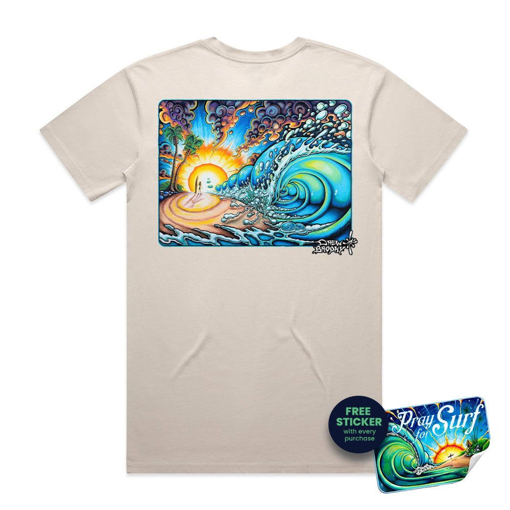 Beige t-shirt with a colorful wave design on the back against a white background