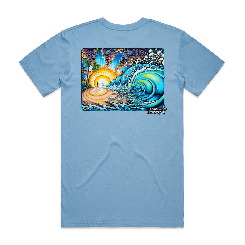 Light blue t-shirt with a colorful graphic of a wave and sunset on the back, on a white background.