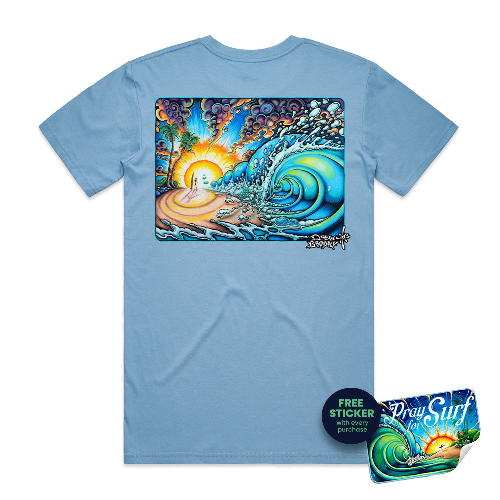 Light blue t-shirt with a colorful graphic of a wave and sunset on the back, on a white background.