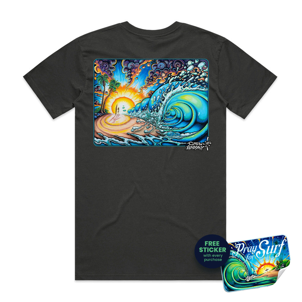 Black t-shirt with a colorful graphic of a wave and sunset on a white background