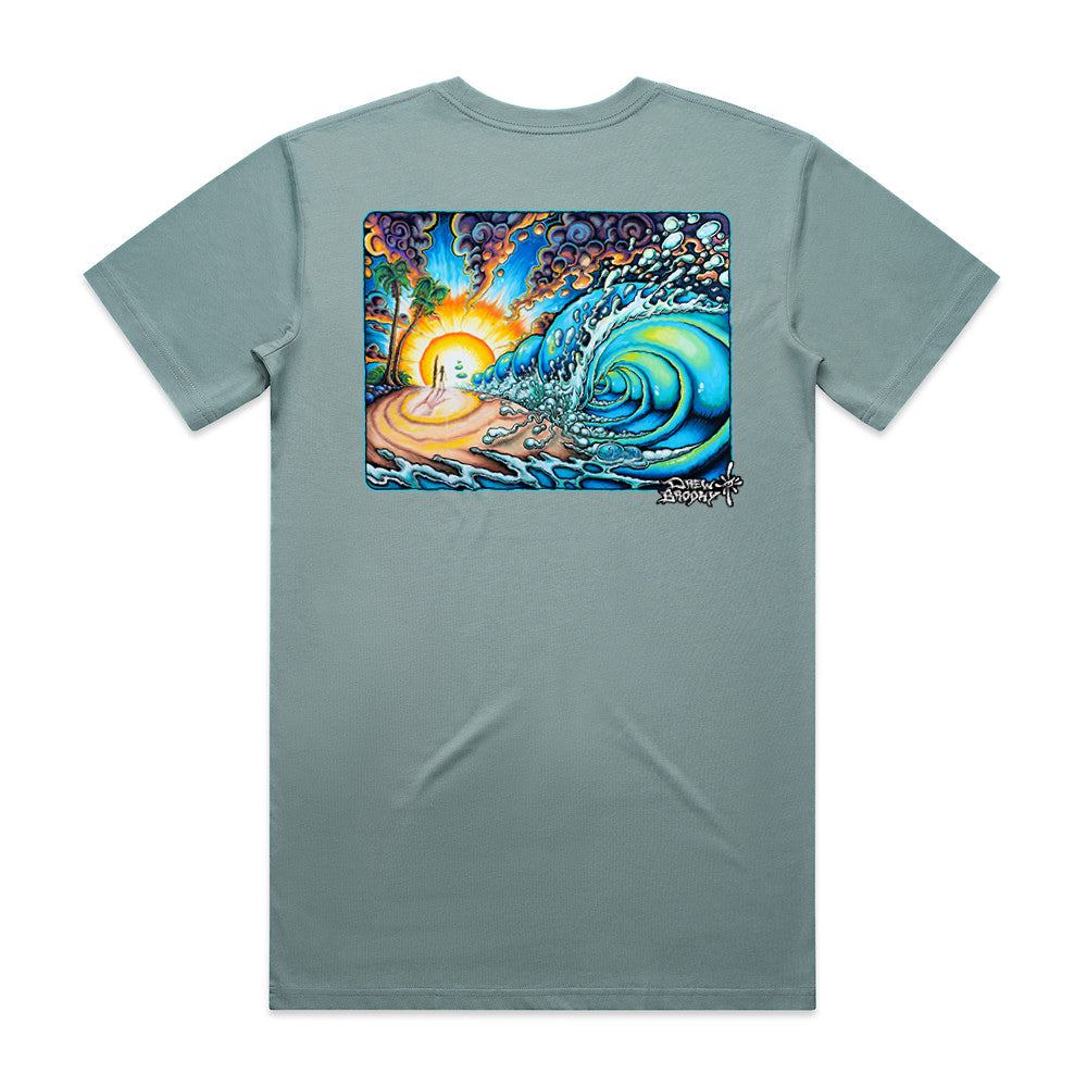 Gray t-shirt with a colorful graphic of a wave and sunset on the back, on a white background.