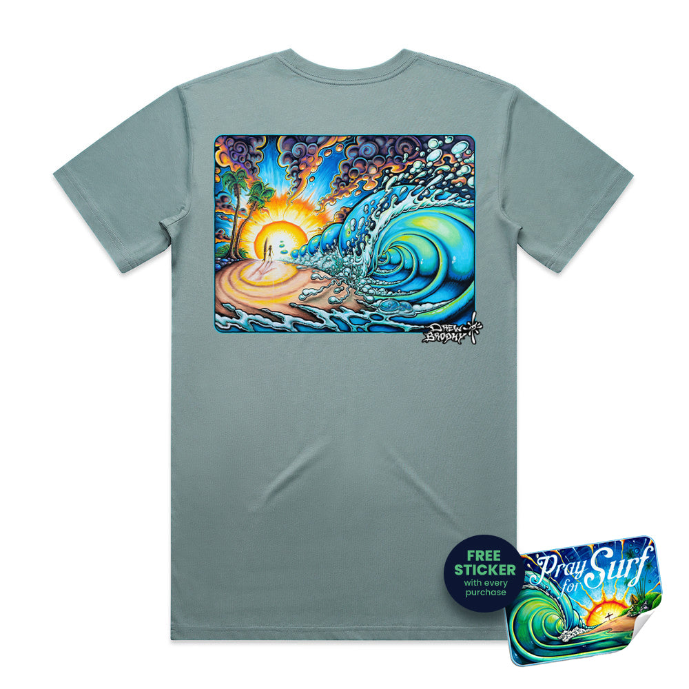 Gray t-shirt with a colorful graphic of a wave and sunset on the back, on a white background.