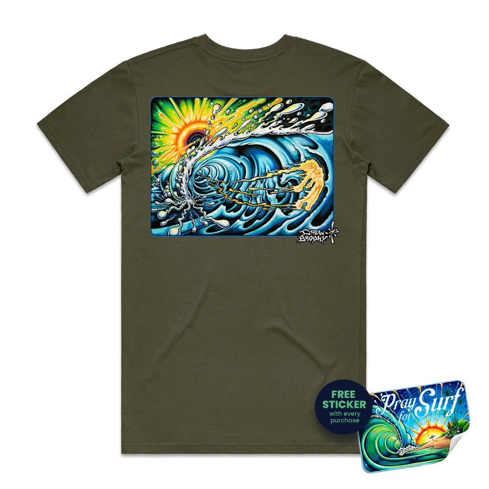 Green t-shirt with a colorful graphic of a wave and sun on a white background