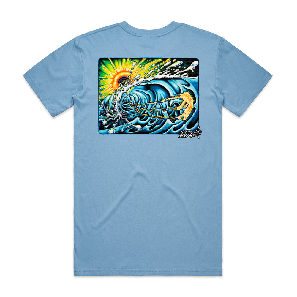 Light blue t-shirt with a colorful graphic on the back against a white background
