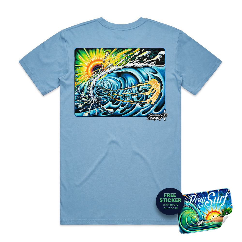 Light blue t-shirt with a colorful graphic on the back against a white background