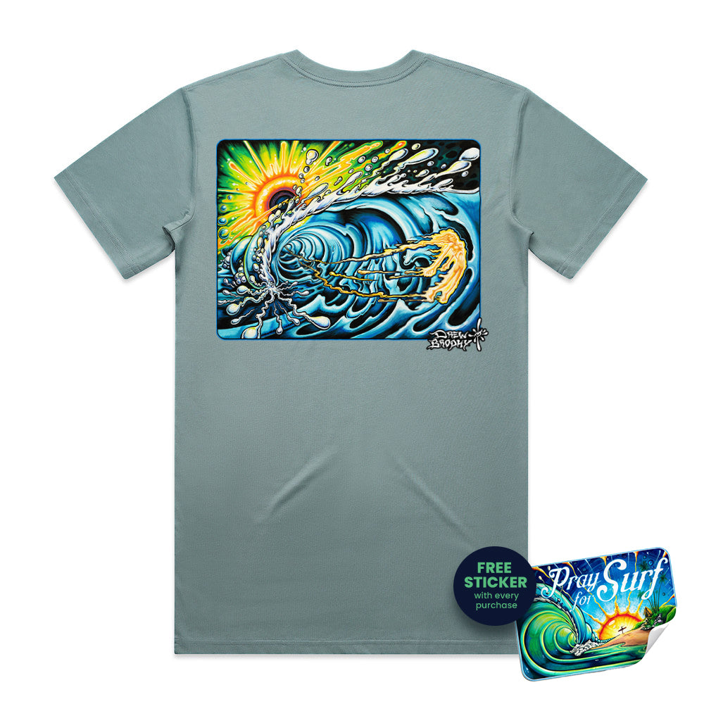 Gray t-shirt with a colorful graphic of a wave and sun on the back, on a white background.