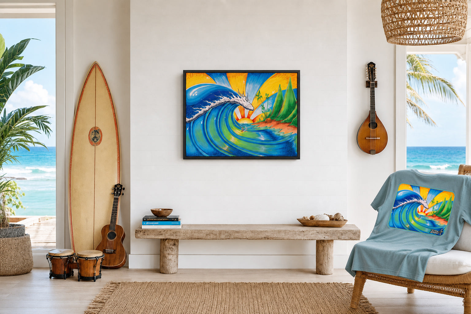 Bamboo Beach by Drew Brophy - A colorful framed wave art print hangs on a white wall in a bright beach-themed room, with a surfboard, guitar, bench, and chair draped in a matching blue towel showing the artwork print.
