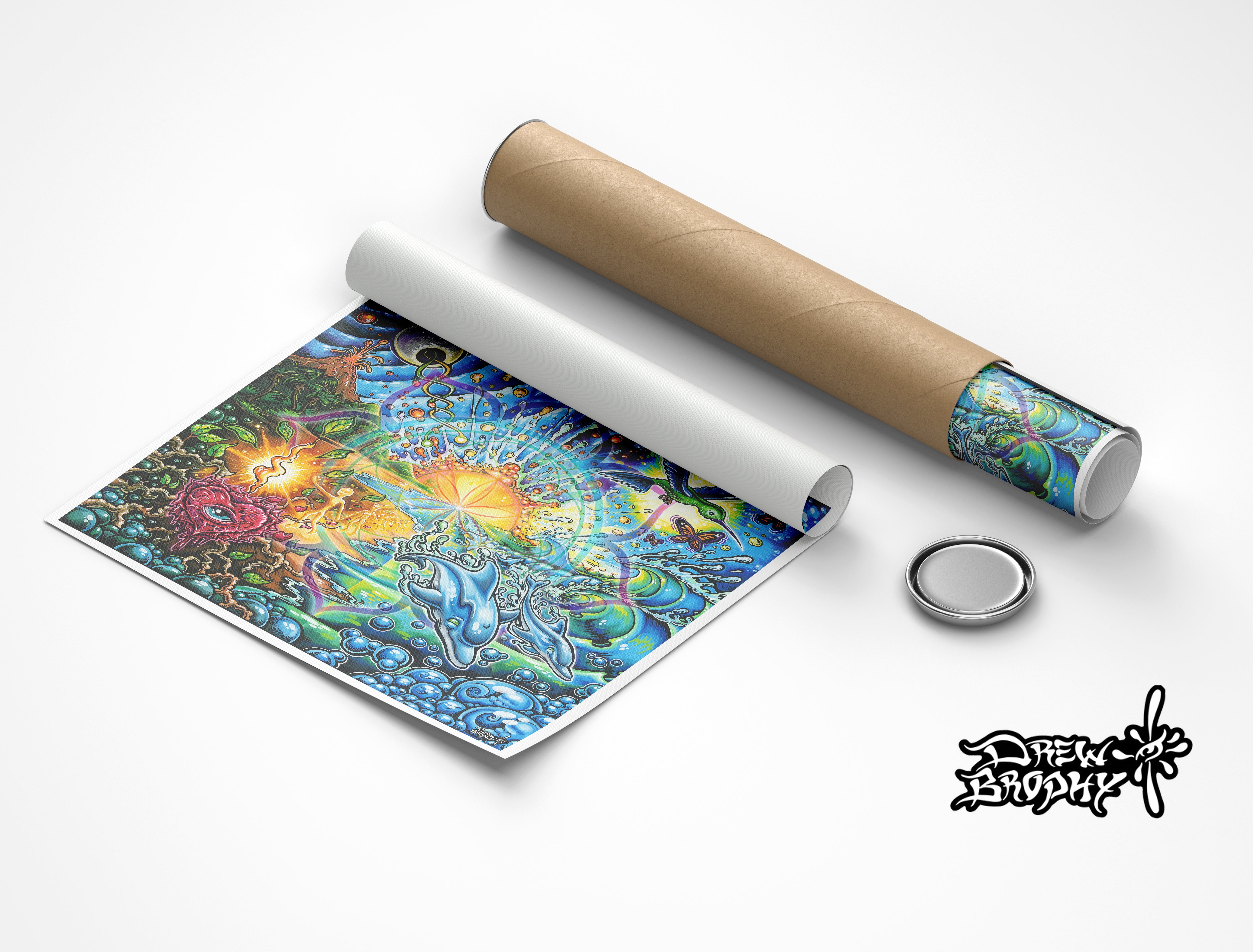 Colorful artwork on a roll with a cylindrical packaging on a white background