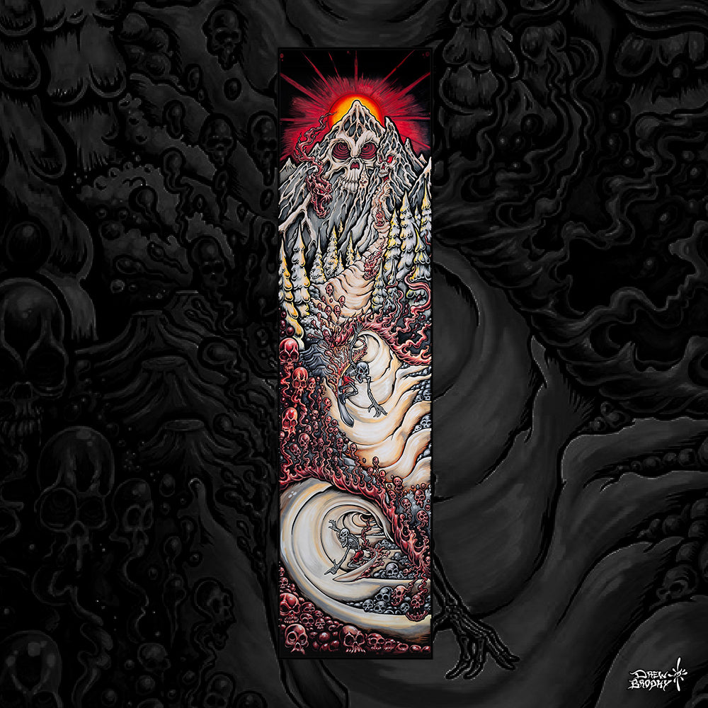 Artistic depiction of a mountain with a red sun on a dark textured background