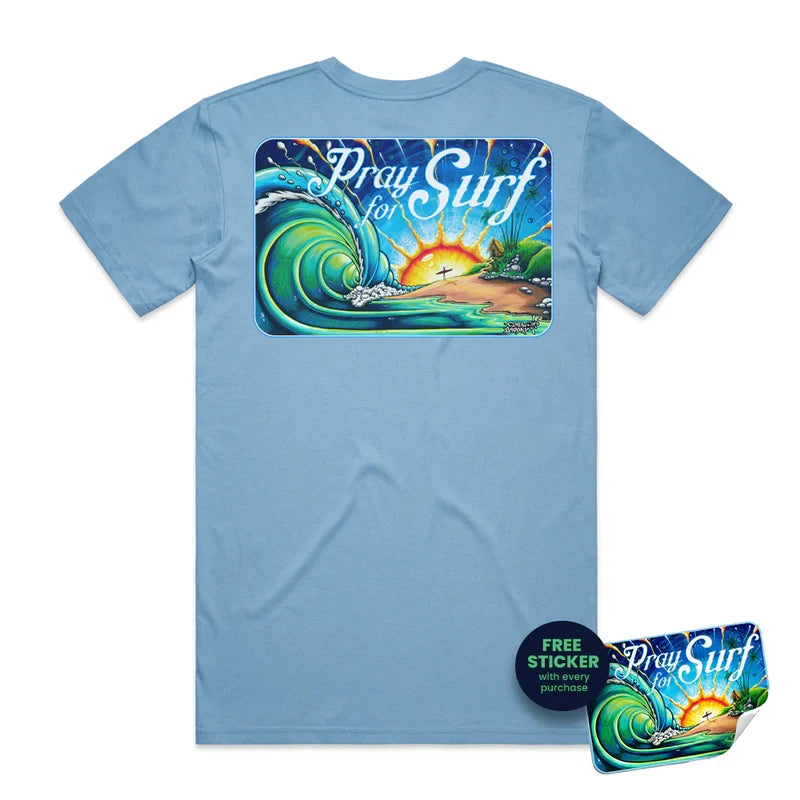 Pray For Surf Tee - Sunrise Surf Art By Drew Brophy