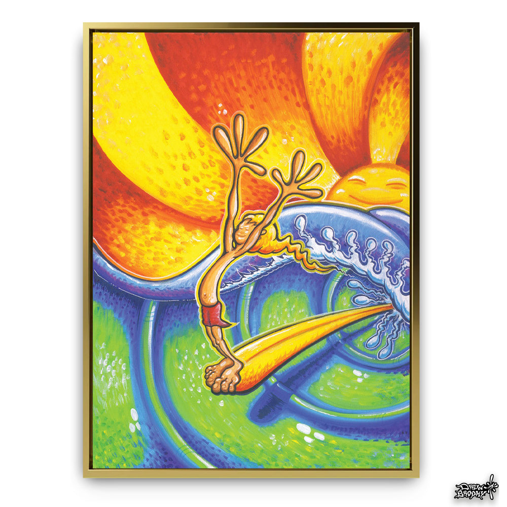Pure Joy surf art with gold frame by Drew Brophy