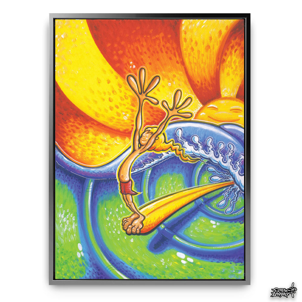 Pure Joy surf art with silver frame by Drew Brophy