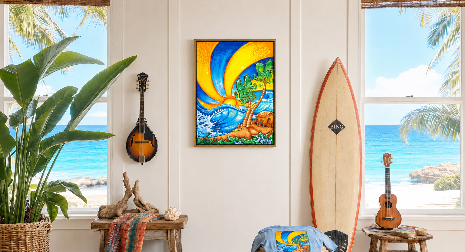 Surfer's Paradise by Drew Brophy - A colorful framed beach art print hangs on a white paneled wall in a styled room. The artwork features a bright yellow and blue sunset, palm trees, and ocean waves.