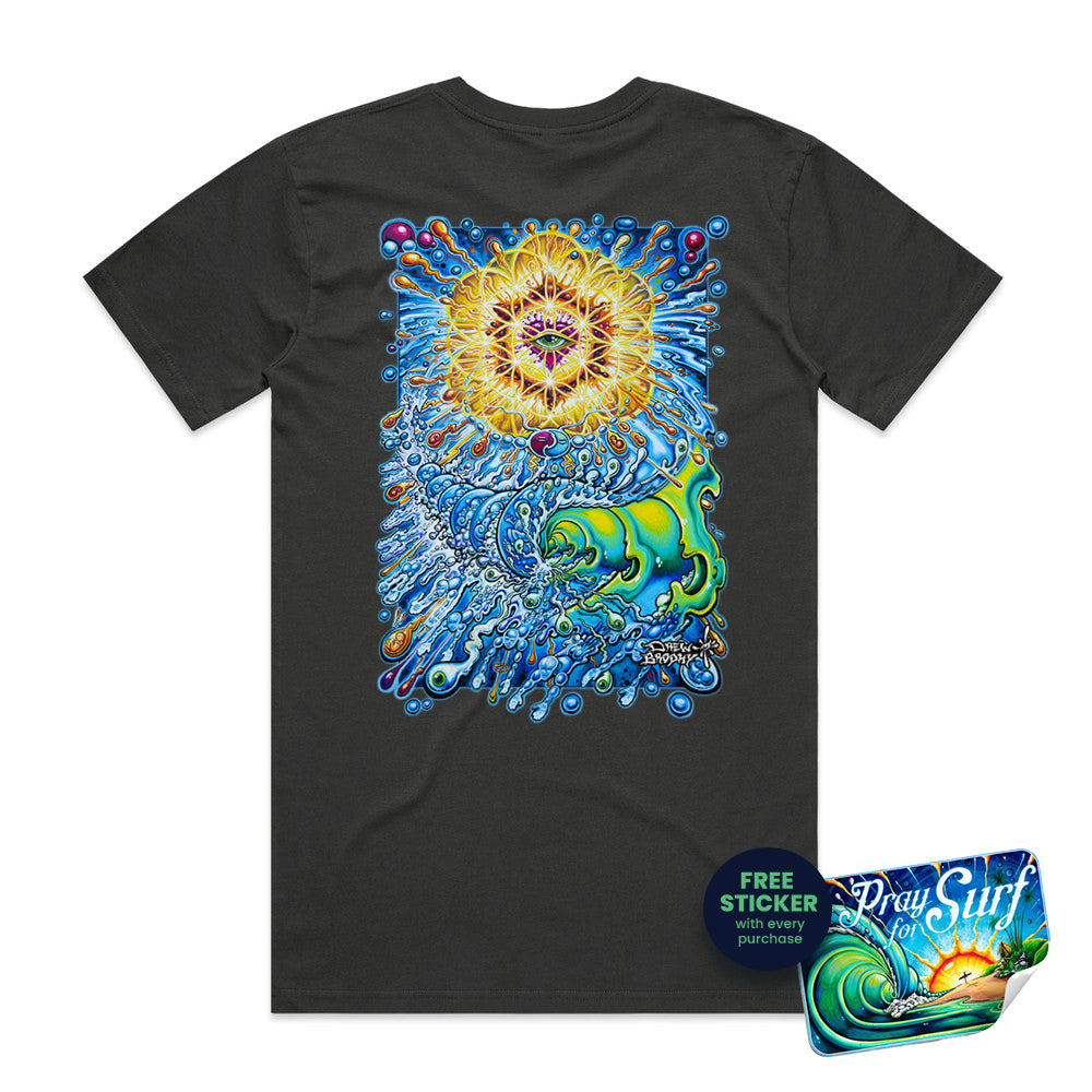 Lost Mountain T-shirt featuring a detailed skull mountain illustration with red sun, winding path, trees, and surreal landscape design.