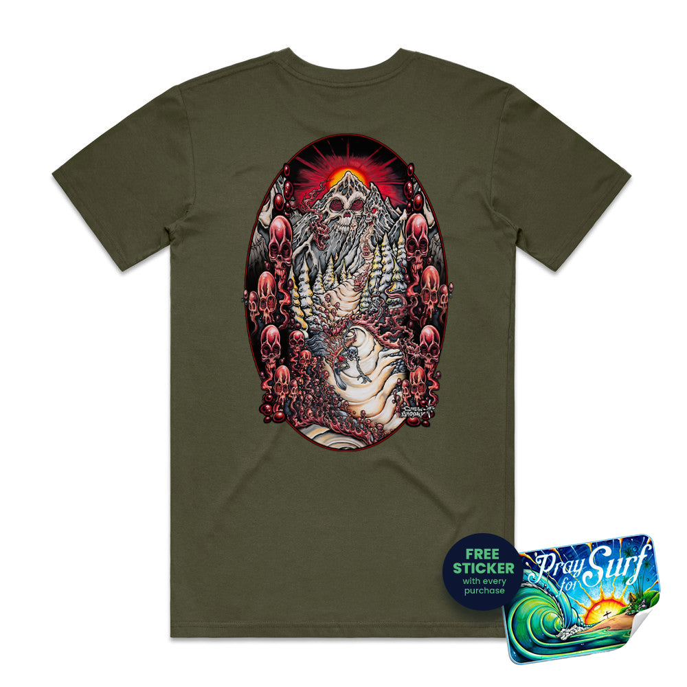 Lost Mountain T-shirt featuring a detailed skull mountain illustration with red sun, winding path, trees, and surreal landscape design.