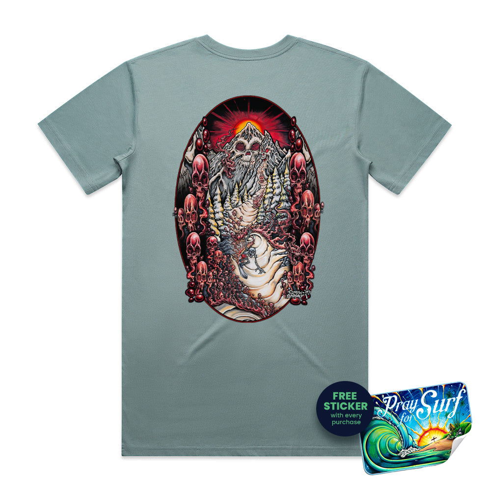 Lost Mountain T-shirt featuring a detailed skull mountain illustration with red sun, winding path, trees, and surreal landscape design.